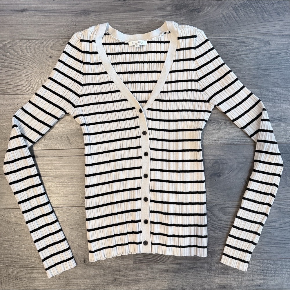 Z Supply Jordana Striped Ribbed Cardigan Ivory Black Coastal French Girl L NWOT